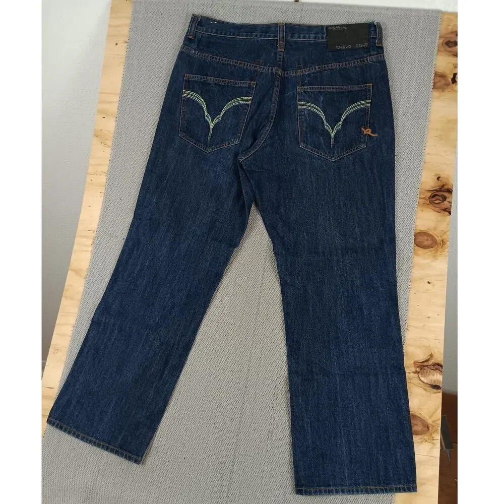 Rocawear Vintage Jeans Mens 38X32 Dark Wash Wide‎ Leg Embroidered Logo Street
